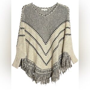 Indigo Soul Chevron Fringed Poncho - Black and Cream